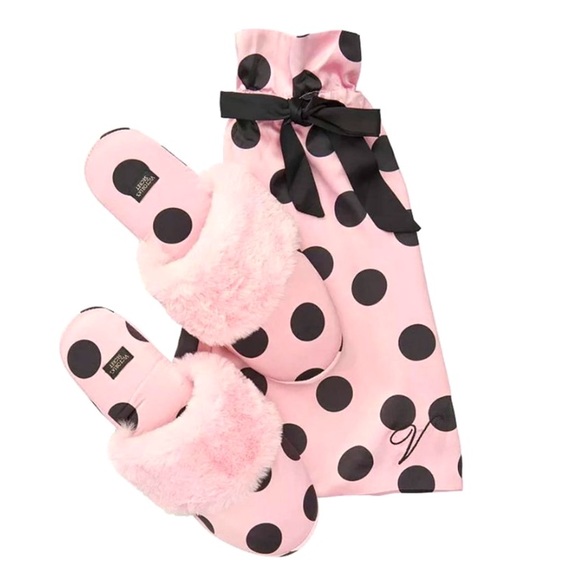 PINK Victoria's Secret Shoes - Victoria's Secret Signature Satin Slipper Pink Black Polka Dot with Faux Fur M